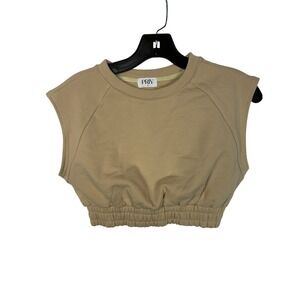 PRIV Tan Cropped Fleece Sweatshirt Vest Cap Sleeve Elastic Hem Neutral Size M